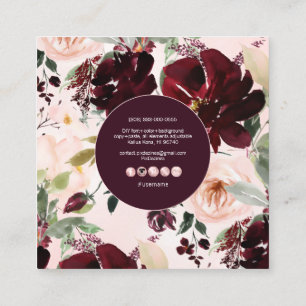 PixDezines Watercolor Blommor, Burgunder+Rosenskär Fyrkantigt Visitkort