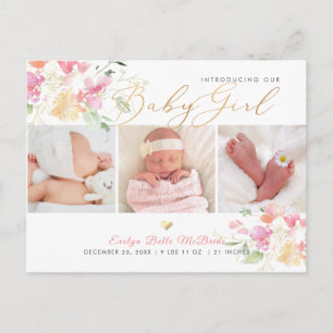 PixDezines Watercolor-blommor, Girl Birth Vykort