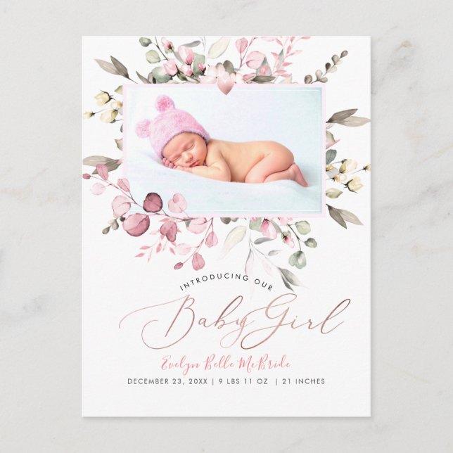 PixDezines  Watercolor Blomor Girl Birth Pos Vykort (Framsida)