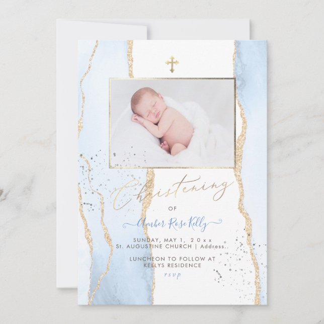 PixDezines Watercolor Blue Agate Christening Inbjudningar (Framsida)