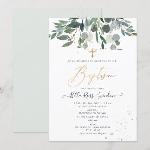 PixDezines Watercolor Blue Gum Greenery Baptism Inbjudningar