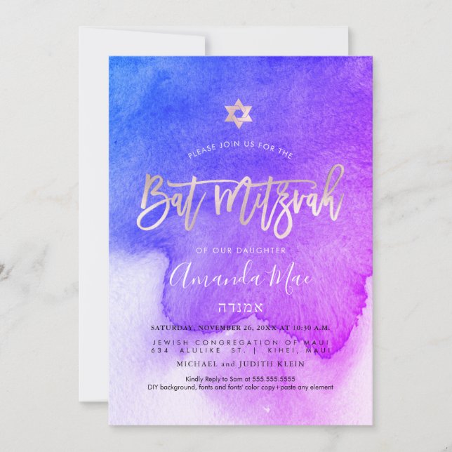 PixDezines Watercolor Blue+Rosa Bat mitzvah Inbjudningar (Framsida)