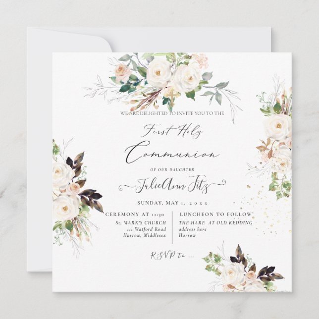PixDezines Watercolor Blush+Cream Roses Communion  Inbjudningar (Framsida)