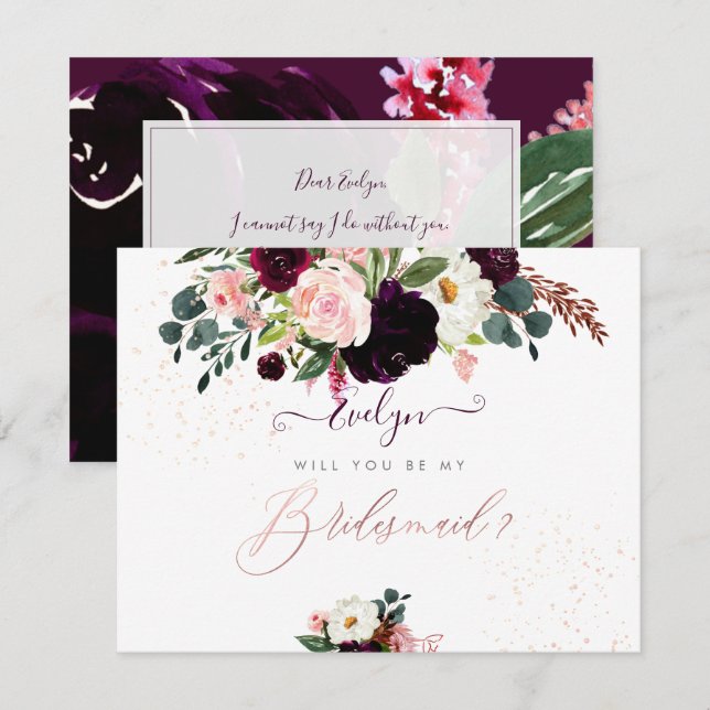 PixDezines Watercolor  Burgundy Bridesmaid Inbjudningar (Fram/baksida)