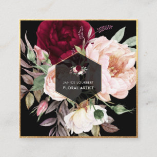 PixDezines Watercolor Burgundy Peonies Fyrkantigt Visitkort