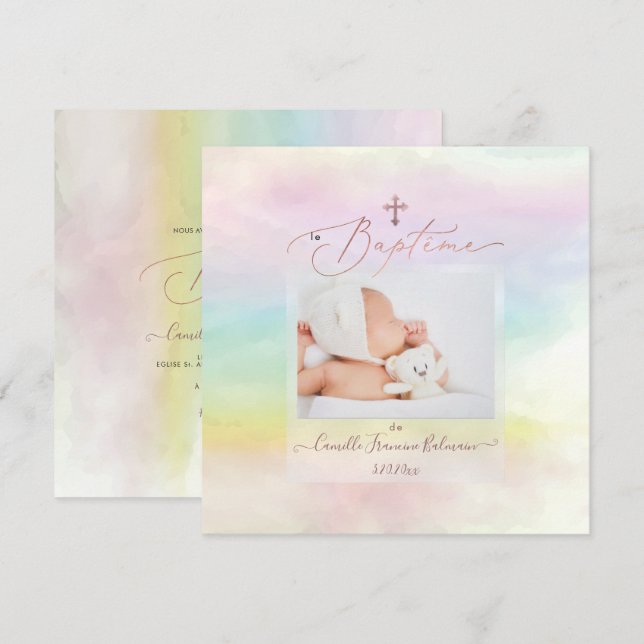 PixDezines Watercolor Cotton Candy, Baptême Fille Inbjudningar (Fram/baksida)