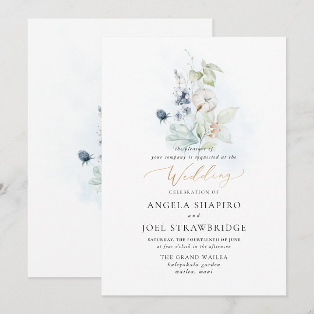 PixDezines Watercolor Dusty Blue Winter Cotton Inbjudningar (Fram/baksida)