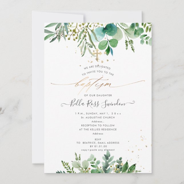 PixDezines Watercolor Eucalyptus Grey Baptism  Inbjudningar (Framsida)