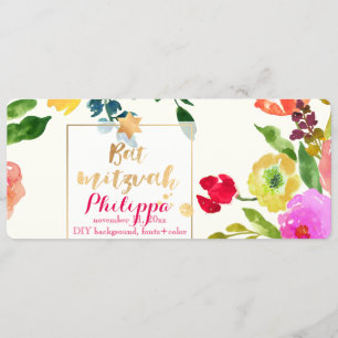 PixDezines Watercolor/Floral/Bar Mitzvah Inbjudningar