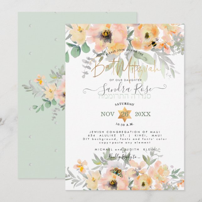 PixDezines Watercolor Flowers Bat mitzvah, Ro Inbjudningar (Fram/baksida)