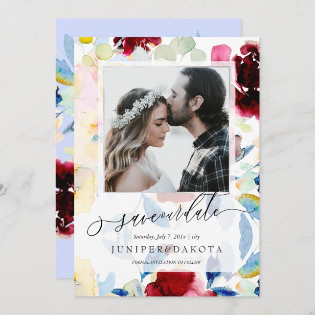 PixDezines Watercolor Flowers Burgundy+Blue Inbjudningar (Fram/baksida)