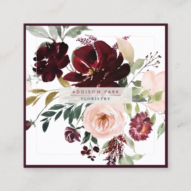 PixDezines Watercolor Flowers, Burgundy+ Fyrkantigt Visitkort (Framsida)