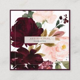 PixDezines Watercolor Flowers, +Burgundy Fyrkantigt Visitkort