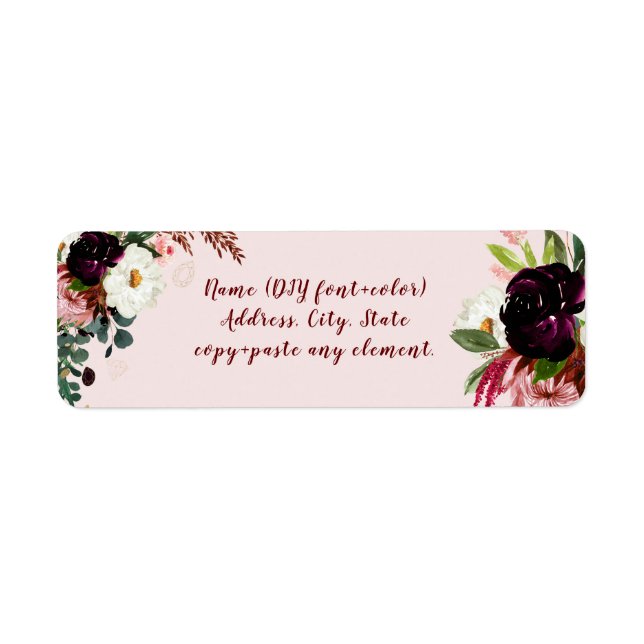 PixDezines Watercolor Flowers Burgundy  Returadress Etikett (Framsidan)