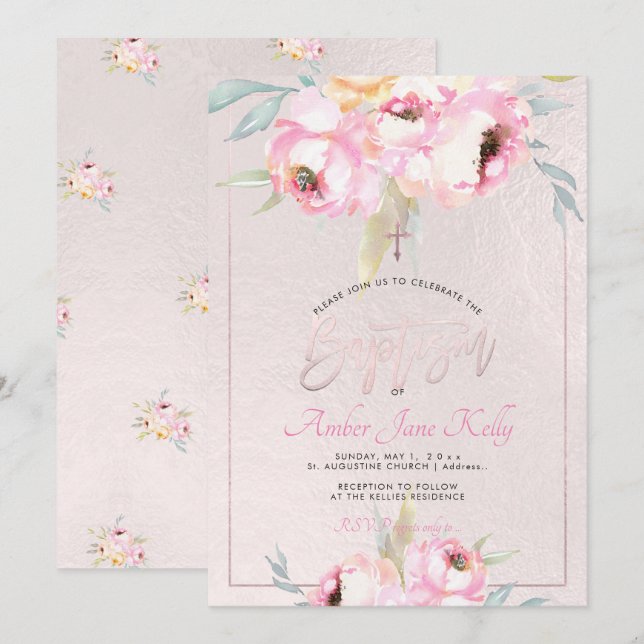 PixDezines Watercolor Flowers Peonies Baptism Inbjudningar (Fram/baksida)