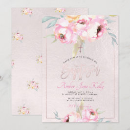 PixDezines Watercolor Flowers Peonies Baptism Inbjudningar