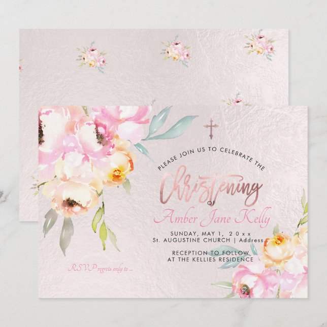 PixDezines Watercolor Flowers Peonies Christening Inbjudningar (Fram/baksida)