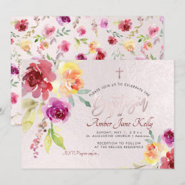 PixDezines Watercolor Flowers Ro Baptism Inbjudningar