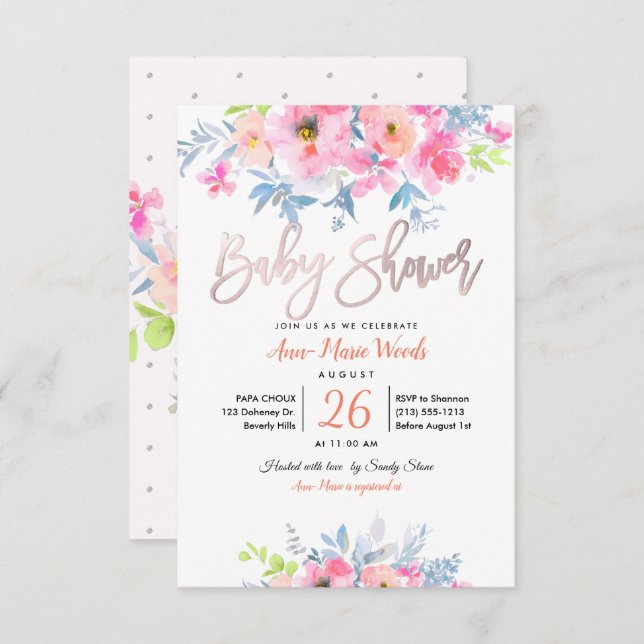 PixDezines Watercolor Garden Ro Baby Shower Inbjudningar (Fram/baksida)