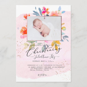 PixDezines Watercolor Garden Ro Christening Inbjudningar