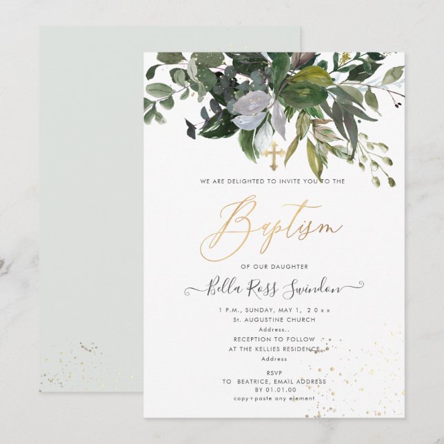 PixDezines Watercolor Greenery Baptism Inbjudningar (Fram/baksida)
