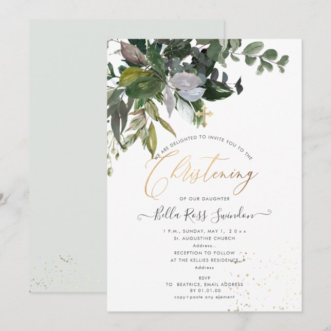 PixDezines Watercolor Greenery Christening Inbjudningar (Fram/baksida)