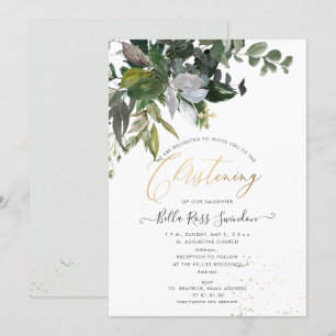 PixDezines Watercolor Greenery Christening Inbjudningar