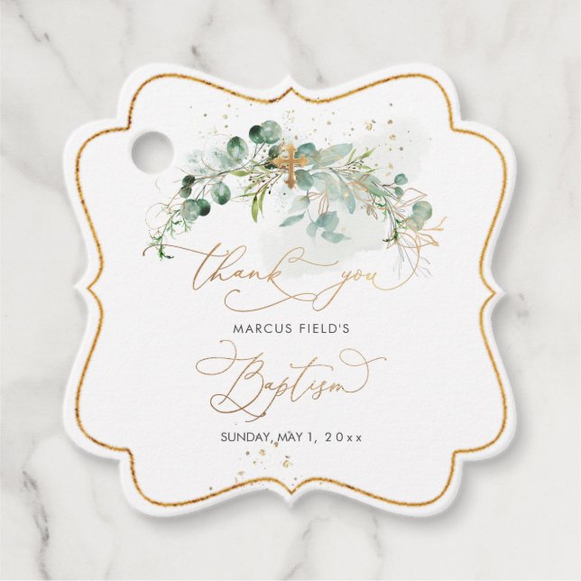 PixDezines Watercolor Greenery Eucalyptus Baptism Gåvor Etiketter (Framsida)