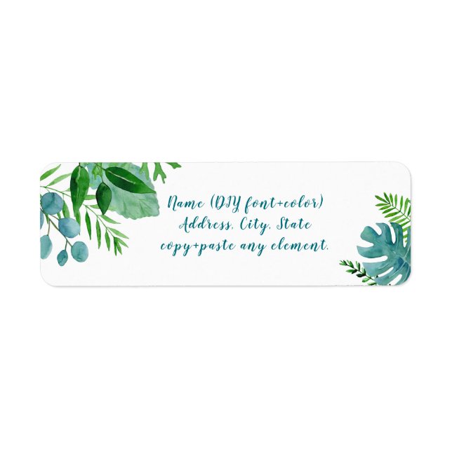 PixDezines Watercolor Greenery, Tropical Returadress Etikett (Framsidan)