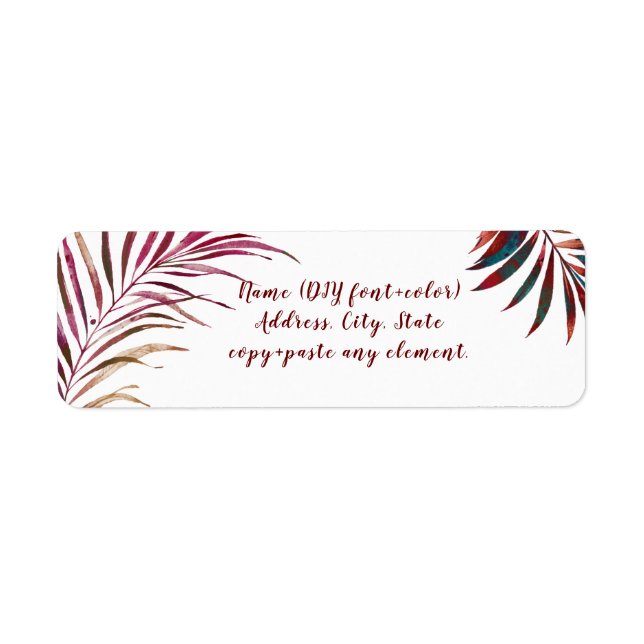 PixDezines Watercolor Handflatan Fronds, Burgundy Returadress Etikett (Framsidan)