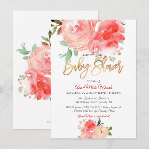 PixDezines Watercolor Korall Peonies Baby Shower  Inbjudningar