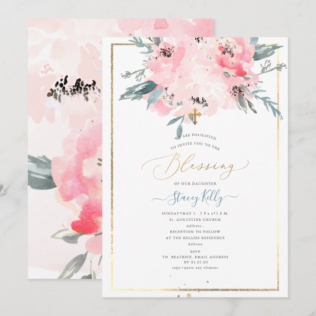 PixDezines Watercolor Ömma Peonies Dop Inbjudningar (Fram/baksida)