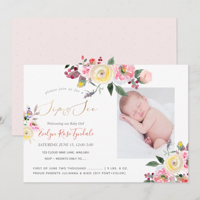 PixDezines Watercolor Pastel Gul ros Sip+Se Inbjudningar (Fram/baksida)