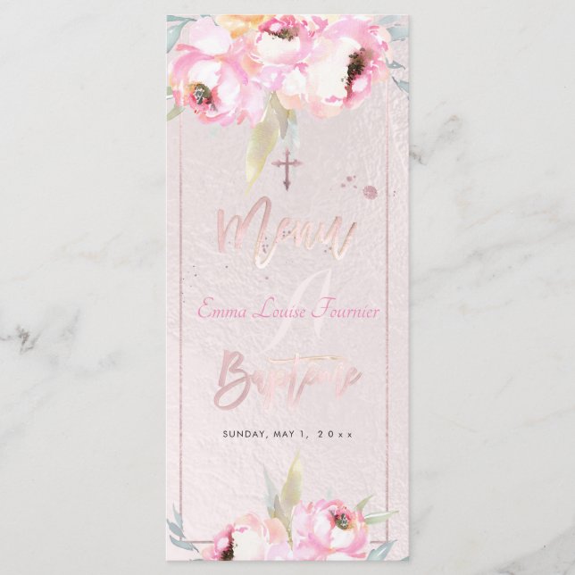 PixDezines Watercolor Peonies Baptême Fransk Menu Meny (Framsida)