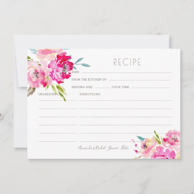 PixDezines Watercolor Peonies Recipe-kort (Framsida)