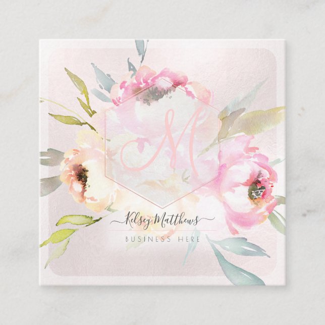 PixDezines Watercolor Peonies+Sage Fyrkantigt Visitkort (Framsida)