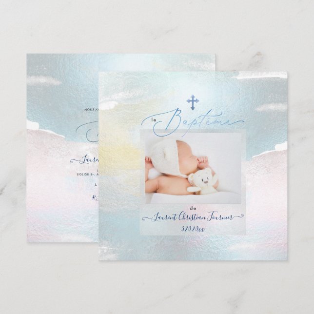 PixDezines Watercolor Push Stroke, Baptême garçon Inbjudningar (Fram/baksida)