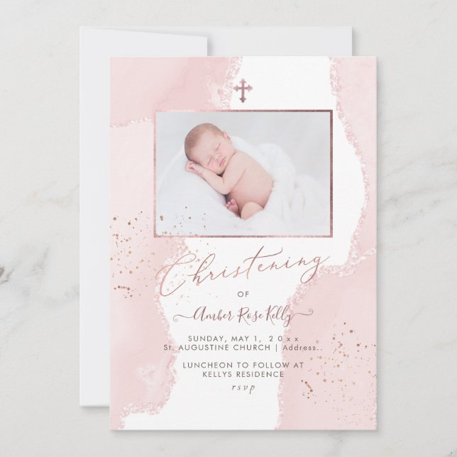 PixDezines Watercolor  Rosa Christening Inbjudningar (Framsida)