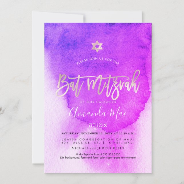 PixDezines Watercolor Rosa+Platinum Bat mitzvah Inbjudningar (Framsida)