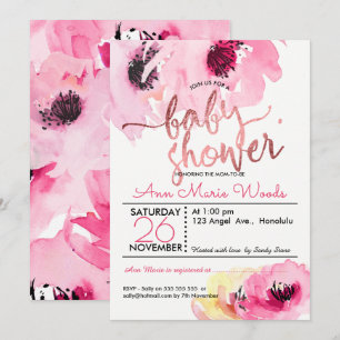 PixDezines Watercolor Rosa ros Baby Shower Inbjudningar