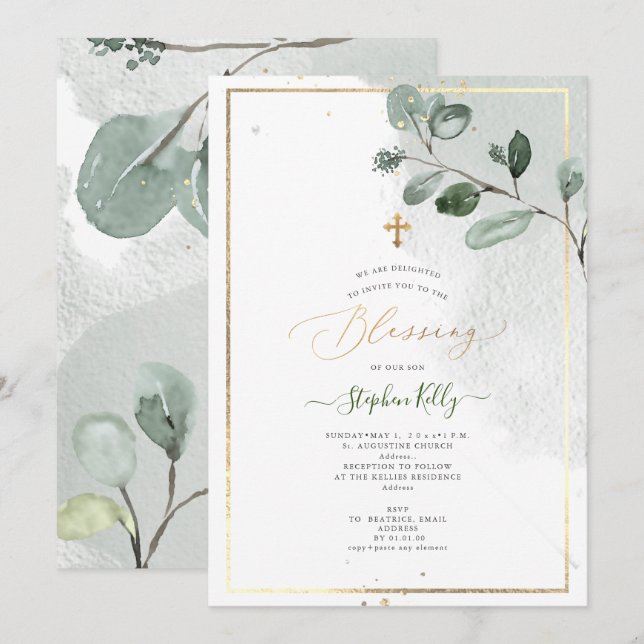 PixDezines Watercolor Rustic Eucalyptus Baptism Inbjudningar (Fram/baksida)