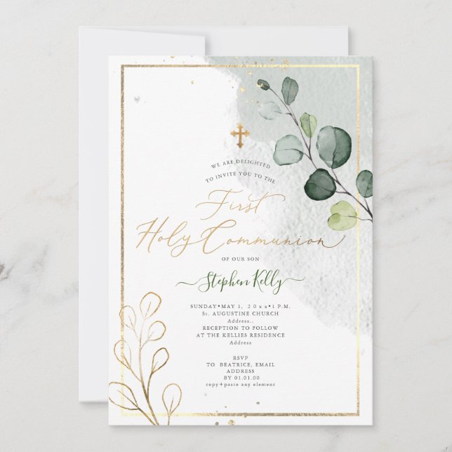 PixDezines Watercolor Rustic Eucalyptus Communion Inbjudningar (Framsida)