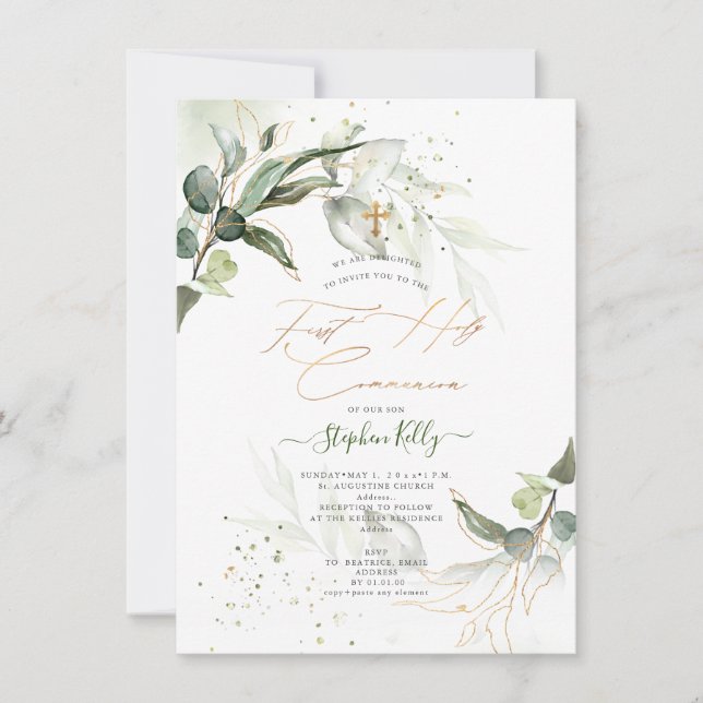 PixDezines Watercolor Rustic Eucalyptus Communion Inbjudningar (Framsida)
