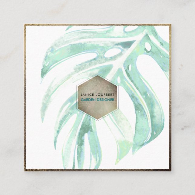 PixDezines WATERCOLOR SEAFOAM MONSTERA, GREENERY Fyrkantigt Visitkort (Framsida)