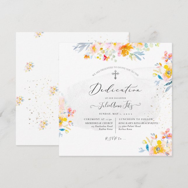 PixDezines Watercolor Sommar Roser Dedication Inbjudningar (Fram/baksida)