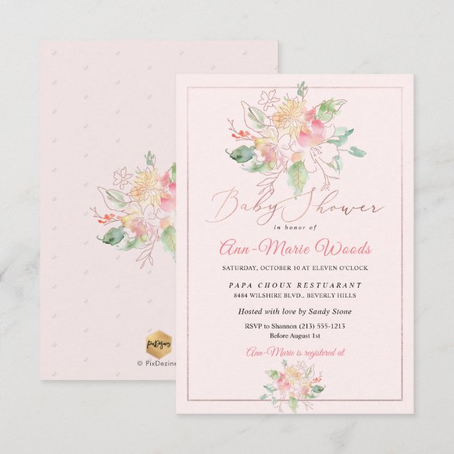 PixDezines Watercolor  Sweet Äret Baby Shower Inbjudningar (Fram/baksida)