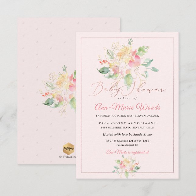 PixDezines Watercolor  Sweet Äret Baby Shower Inbjudningar (Fram/baksida)