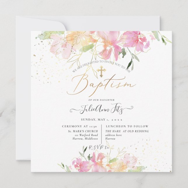 PixDezines Watercolor  Sweet Peas Baptism Inbjudningar (Framsida)