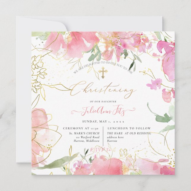 PixDezines Watercolor  Sweet Peas Christening Inbjudningar (Framsida)
