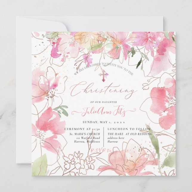 PixDezines Watercolor  Sweet Peas Christening Inbjudningar (Framsida)